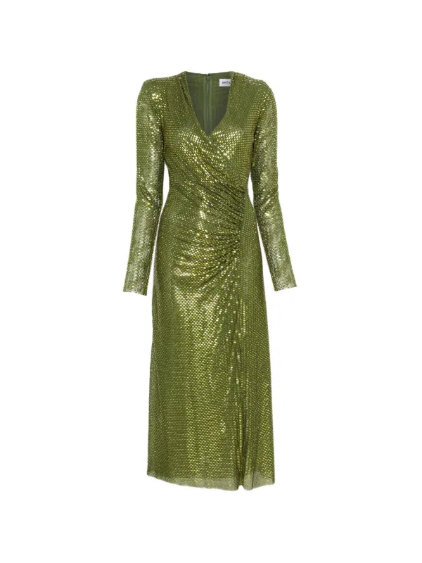 self portrait green rhinestone dress Self-Portrait Olive Mesh Wrap Midi | sparkly party dress aesthetic