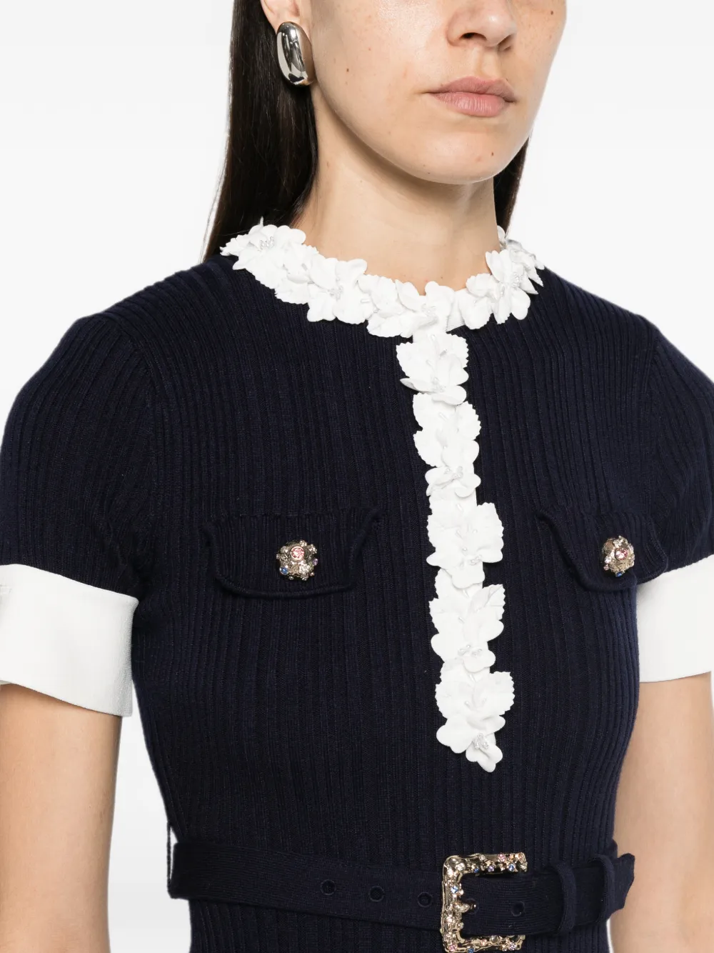 Self-Portrait Gebreide maxi-jurk verfraaid met bloemen en ceintuur Blauw