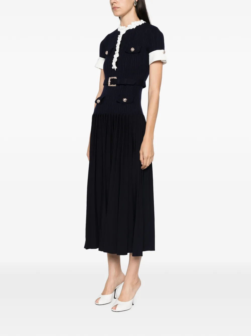 Self-Portrait Gebreide maxi-jurk verfraaid met bloemen en ceintuur Blauw