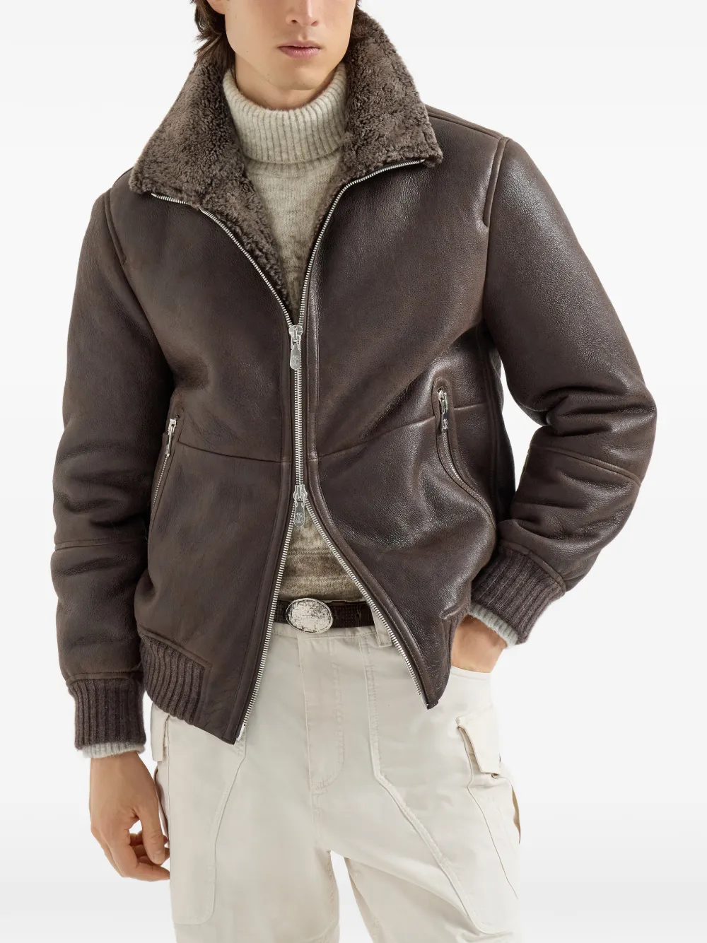 Brunello Cucinelli Lammy bomberjack met vintage-effect Bruin