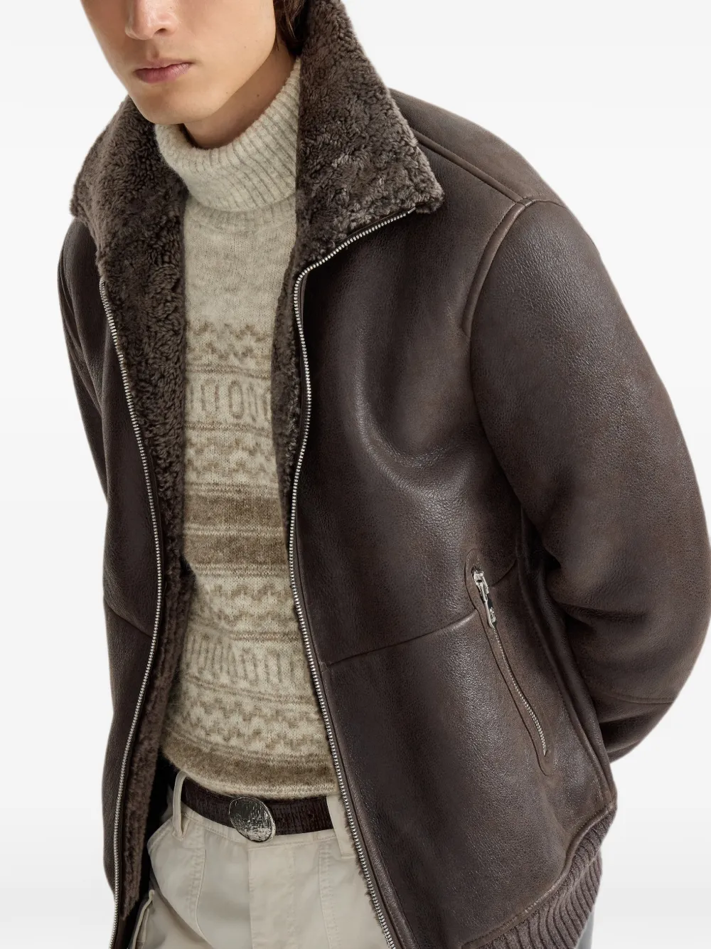 Brunello Cucinelli Lammy bomberjack met vintage-effect Bruin
