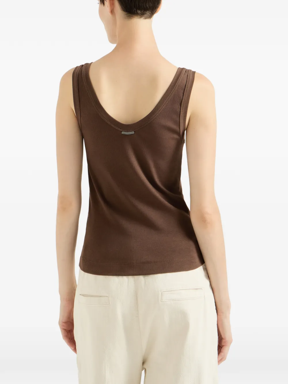 Brunello Cucinelli Stretch katoenen geribbelde jersey top met monili-verfraaiing Bruin