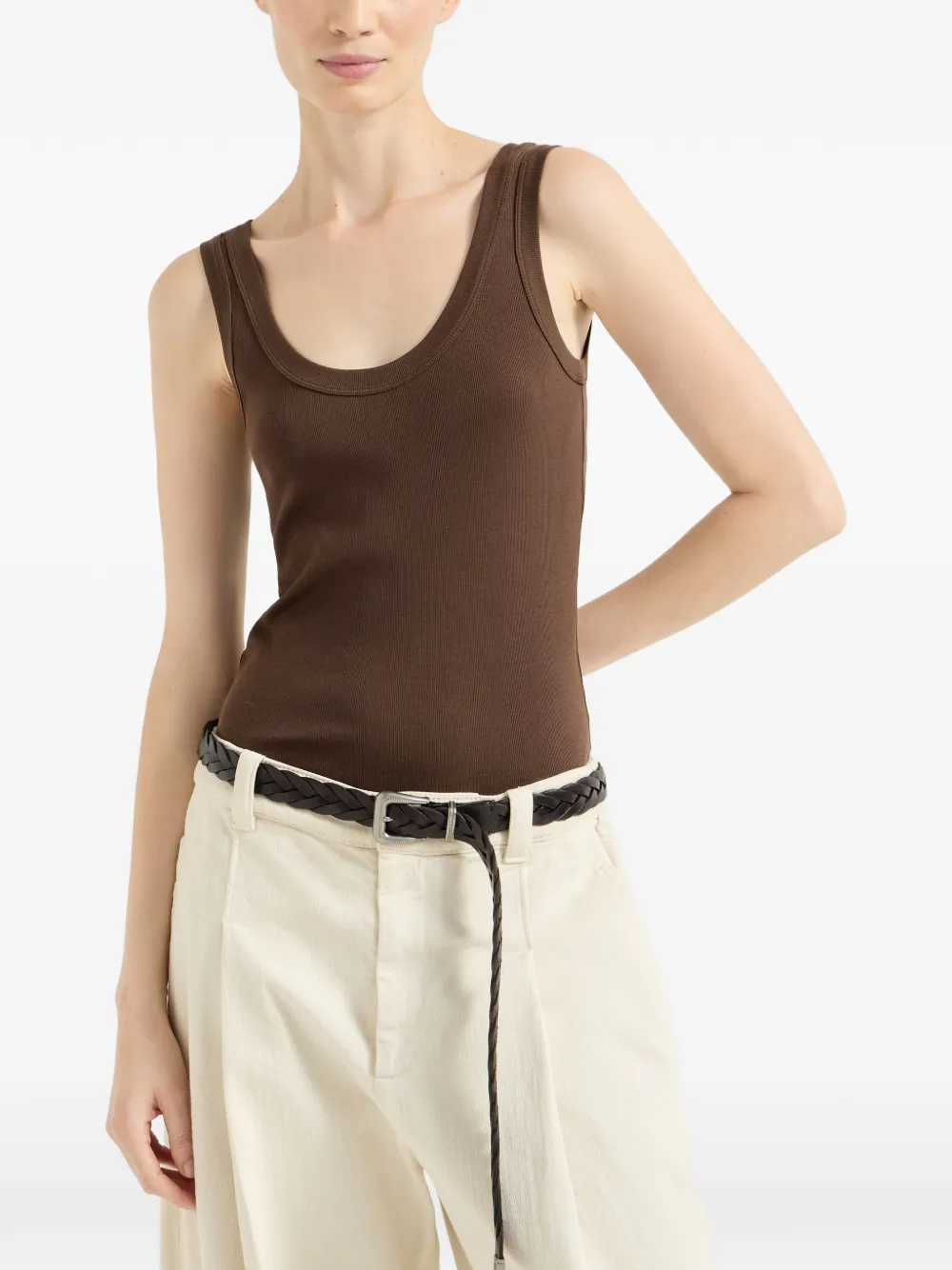 Brunello Cucinelli Stretch katoenen geribbelde jersey top met monili-verfraaiing Bruin