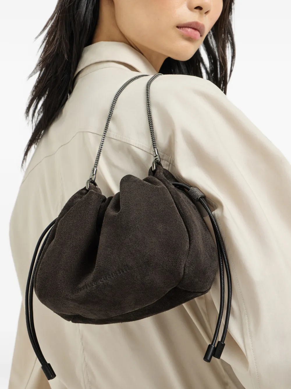 Brunello Cucinelli Mellow suède schoudertas Bruin