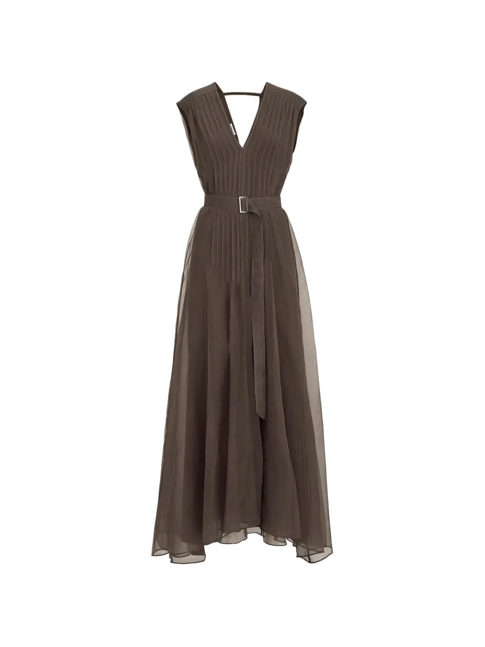 Brunello Cucinelli robe ceinturée en soie avec détail plissé et bride - Marron Brunello Cucinelli robe ceinturée en soie avec détail plissé et bride - Marron