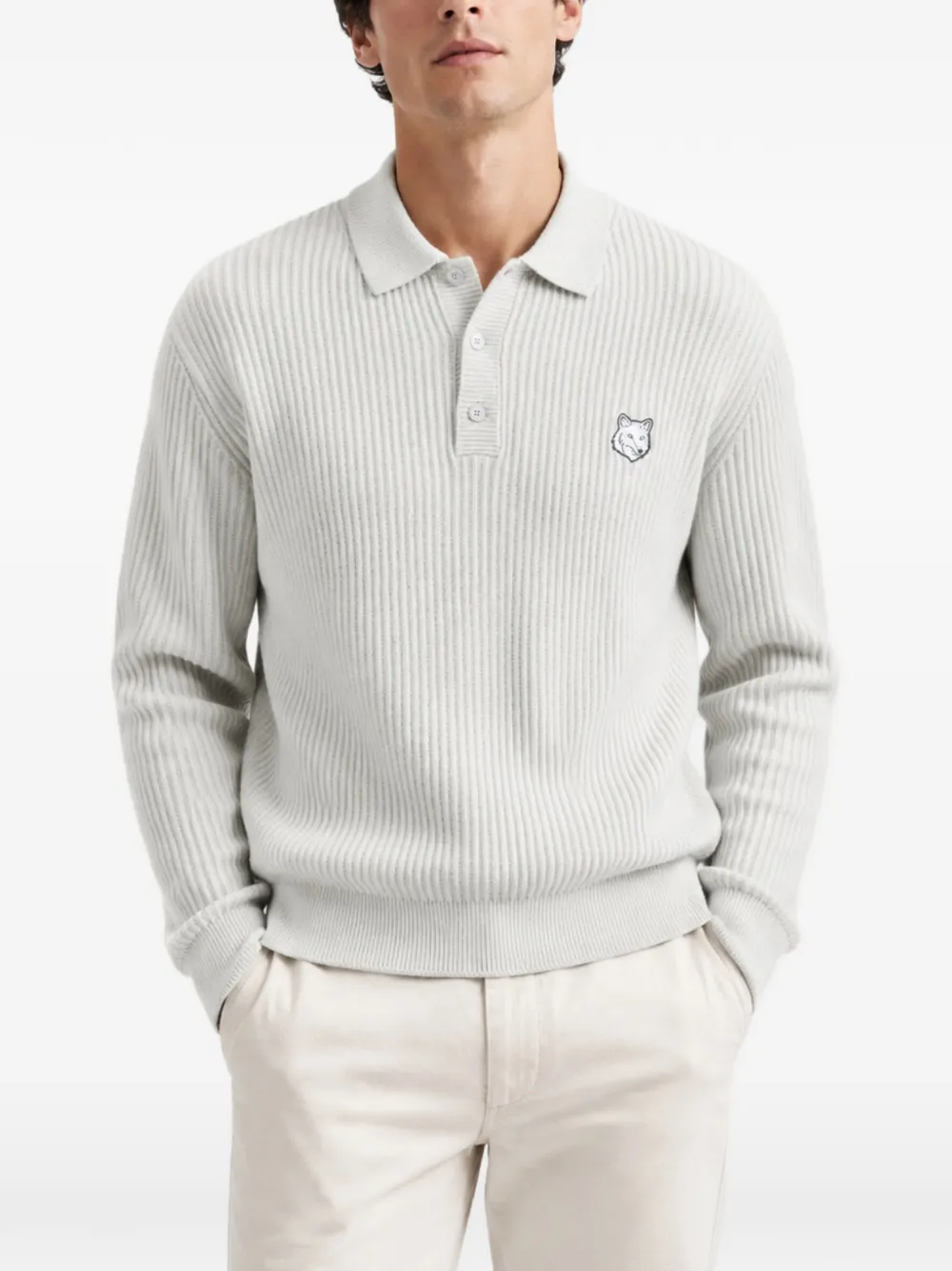 Maison Kitsuné Ribgebreid poloshirt met vossenpatch Beige