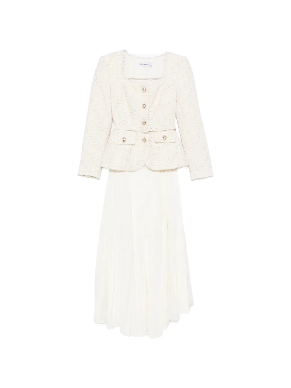 Self-Portrait bouclé-knit pleated midi dress - Neutrals