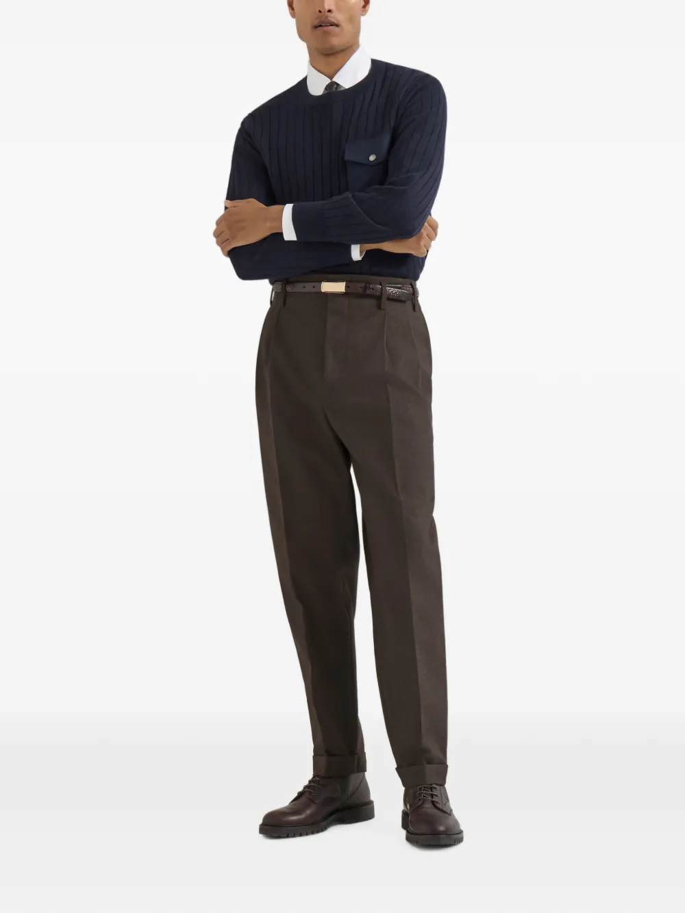 Brunello Cucinelli Broek van scheerwol met dubbele plooi Bruin