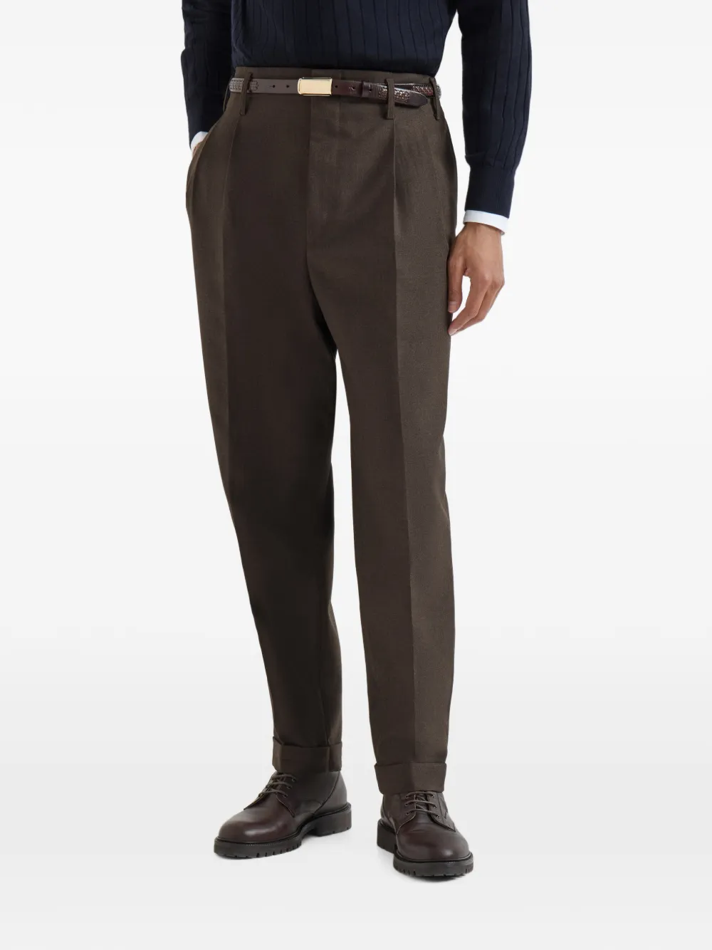 Brunello Cucinelli Broek van scheerwol met dubbele plooi Bruin