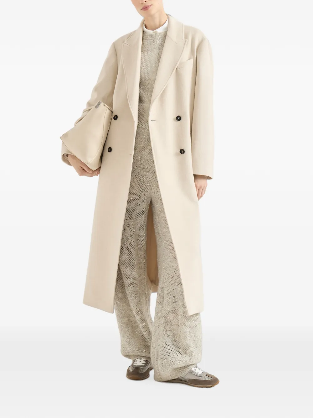 Brunello Cucinelli Lichtgewicht waterbestendige kasjmier jas met ceintuur en Monili Beige