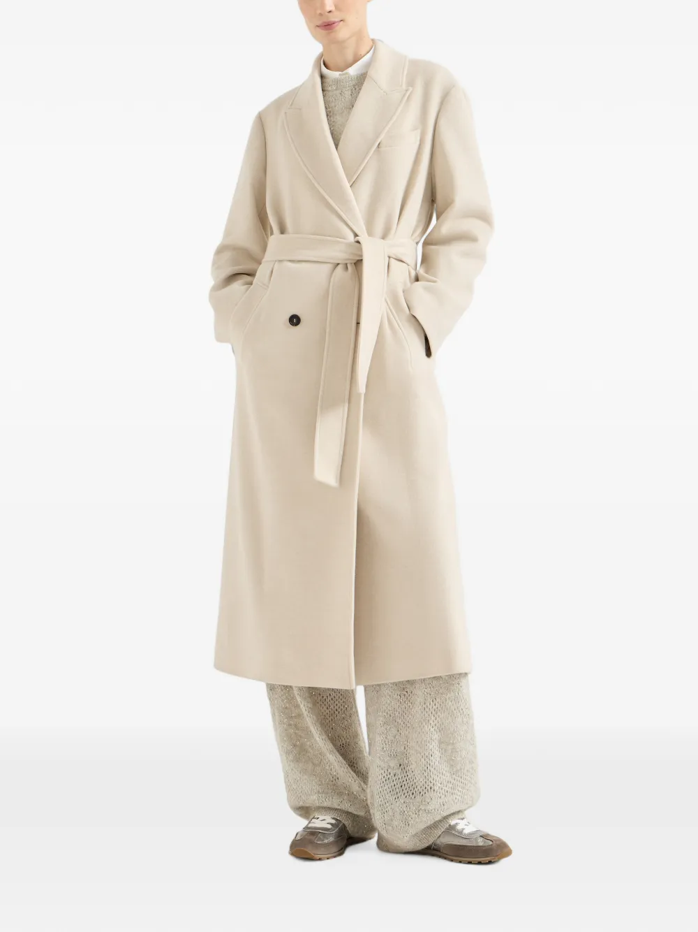 Brunello Cucinelli Lichtgewicht waterbestendige kasjmier jas met ceintuur en Monili Beige
