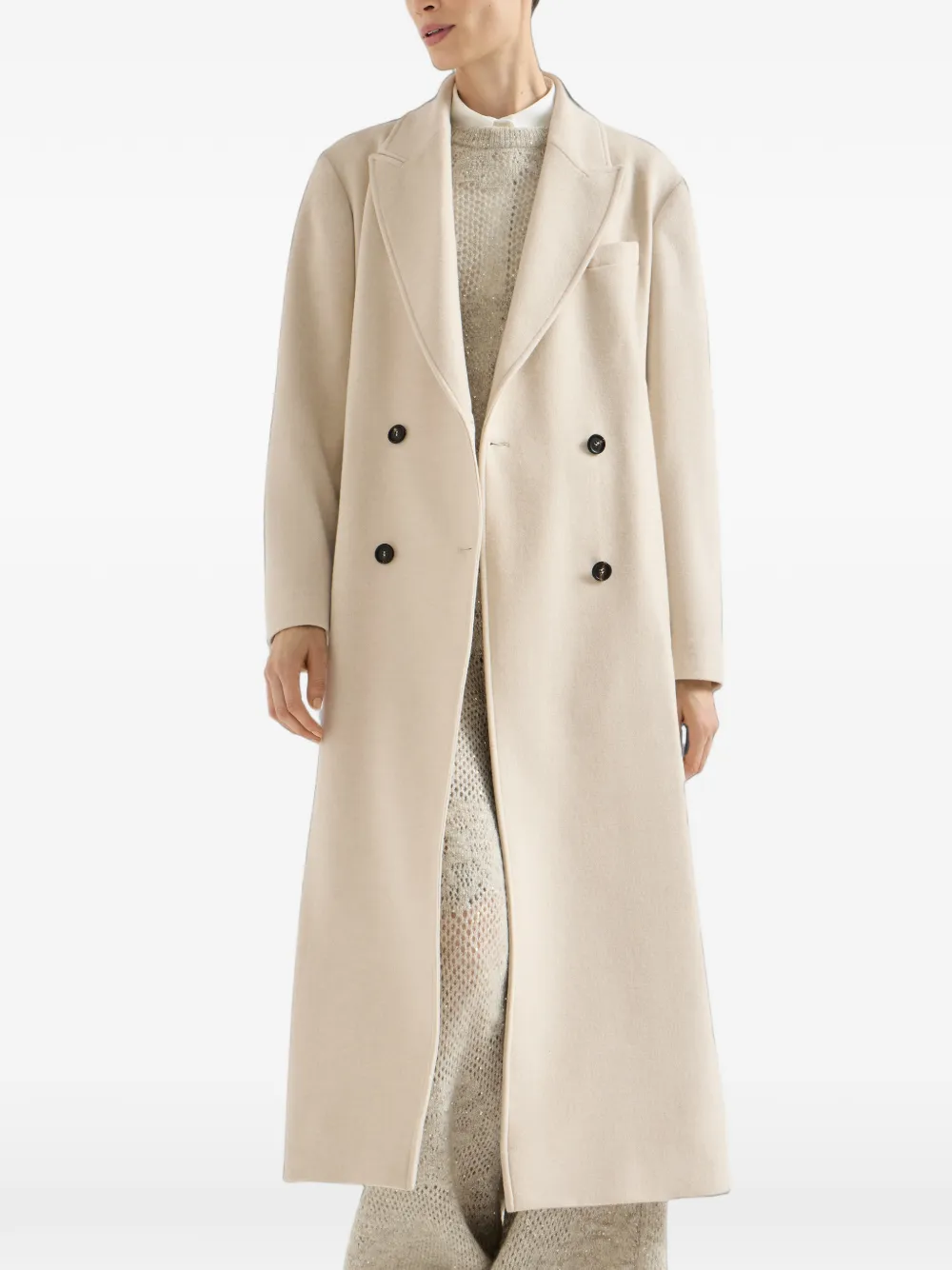 Brunello Cucinelli Lichtgewicht waterbestendige kasjmier jas met ceintuur en Monili Beige