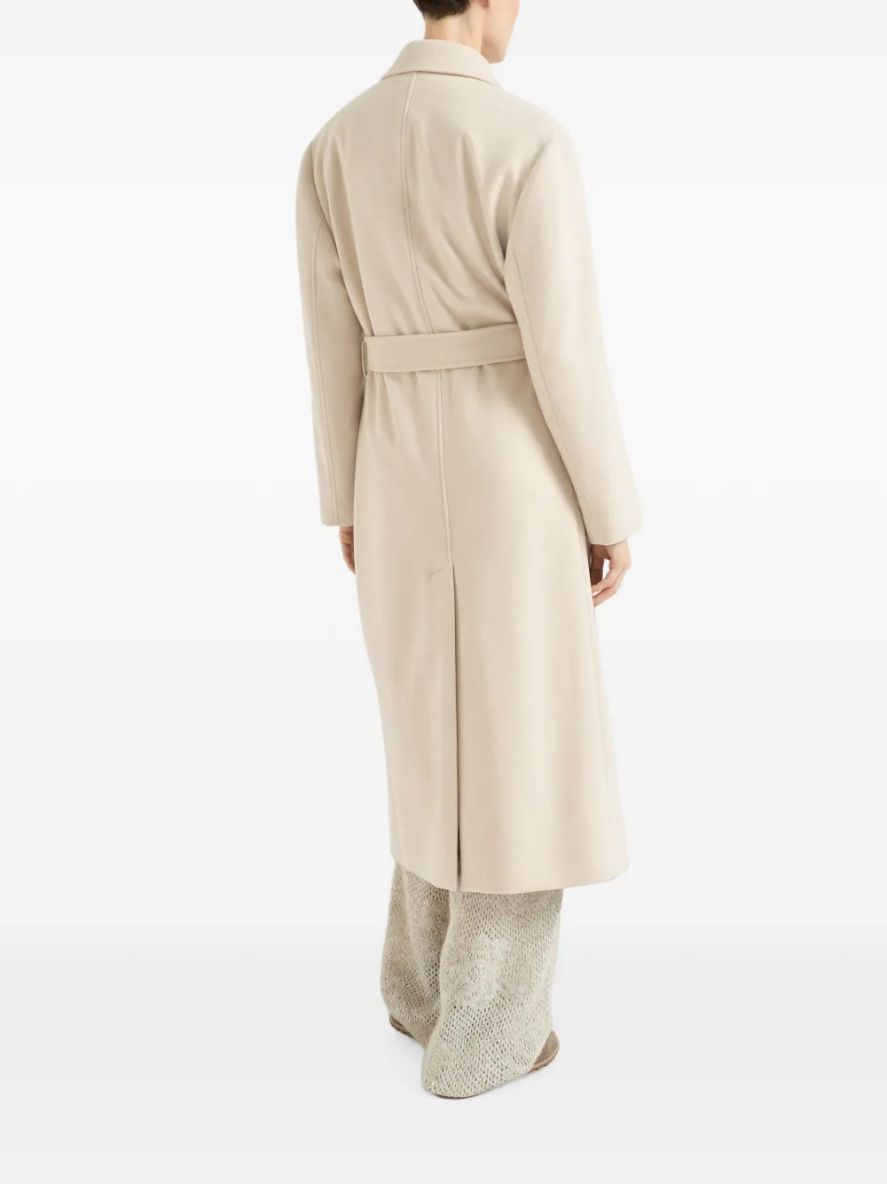 Brunello Cucinelli Lichtgewicht waterbestendige kasjmier jas met ceintuur en Monili Beige