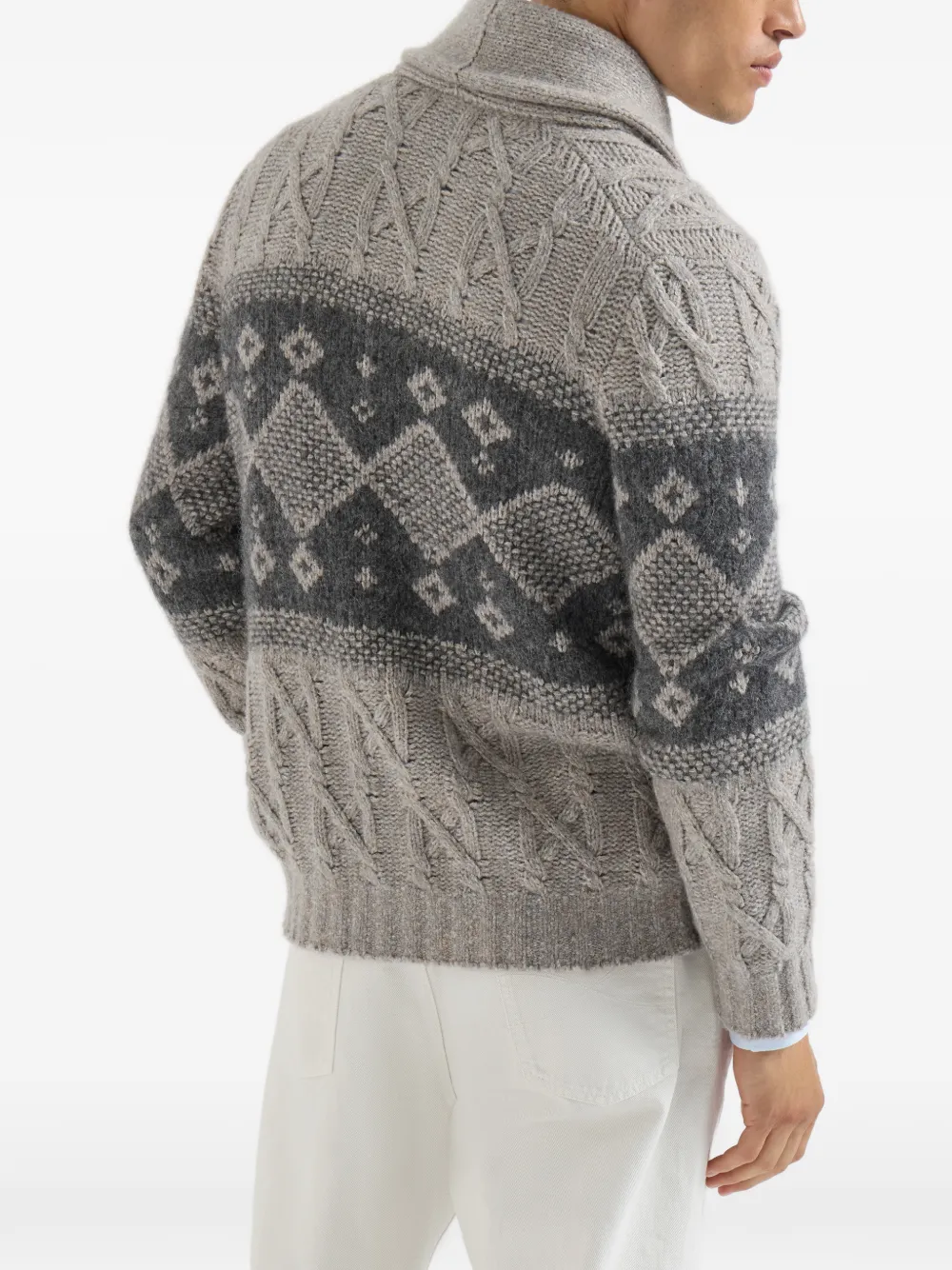 Brunello Cucinelli Kabelgebreid vest van scheerwol zijde en kasjmier met intarsia Grijs
