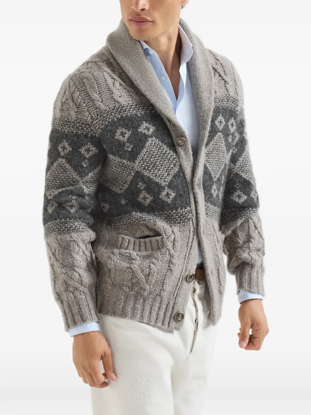 Brunello Cucinelli Kabelgebreid vest van scheerwol zijde en kasjmier met intarsia Grijs