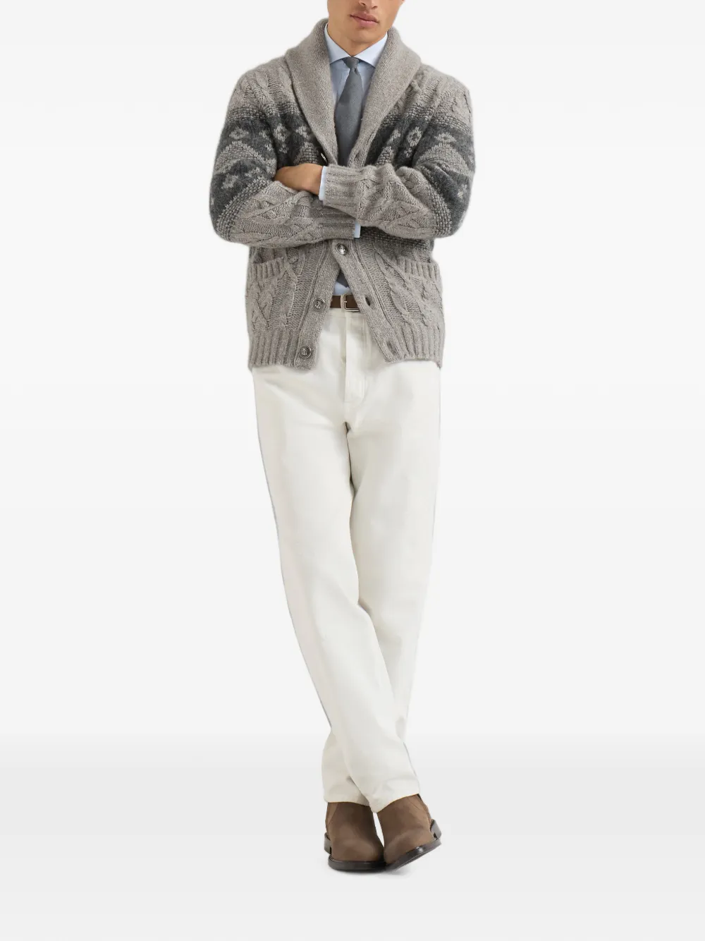Brunello Cucinelli Kabelgebreid vest van scheerwol zijde en kasjmier met intarsia Grijs