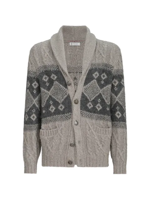 Brunello Cucinelli virgin-wool, silk and cashmere chiné cable-knit cardigan with intarsia