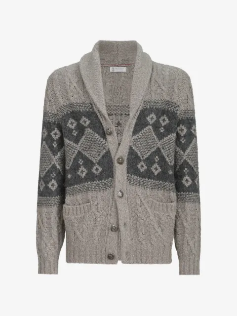Brunello Cucinelli virgin-wool, silk and cashmere chiné cable-knit cardigan with intarsia