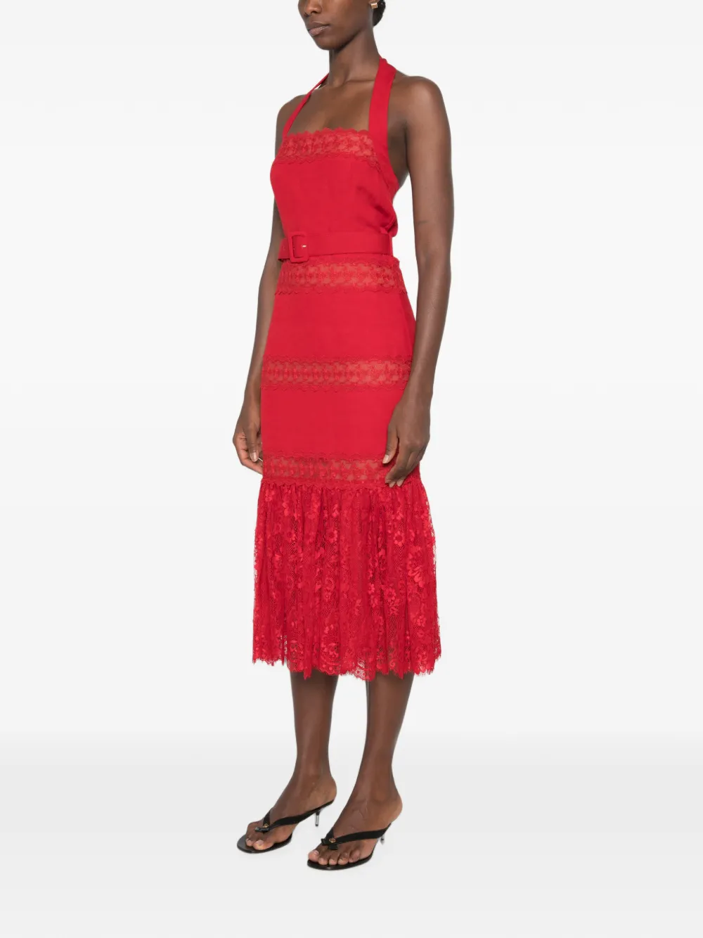 Self-Portrait Midi-jurk van linnenblend met kant Rood