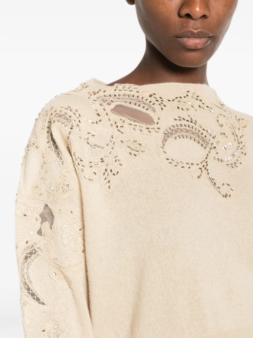 Ermanno Scervino Kasjmier trui verfraaid met pailletten en kant Beige