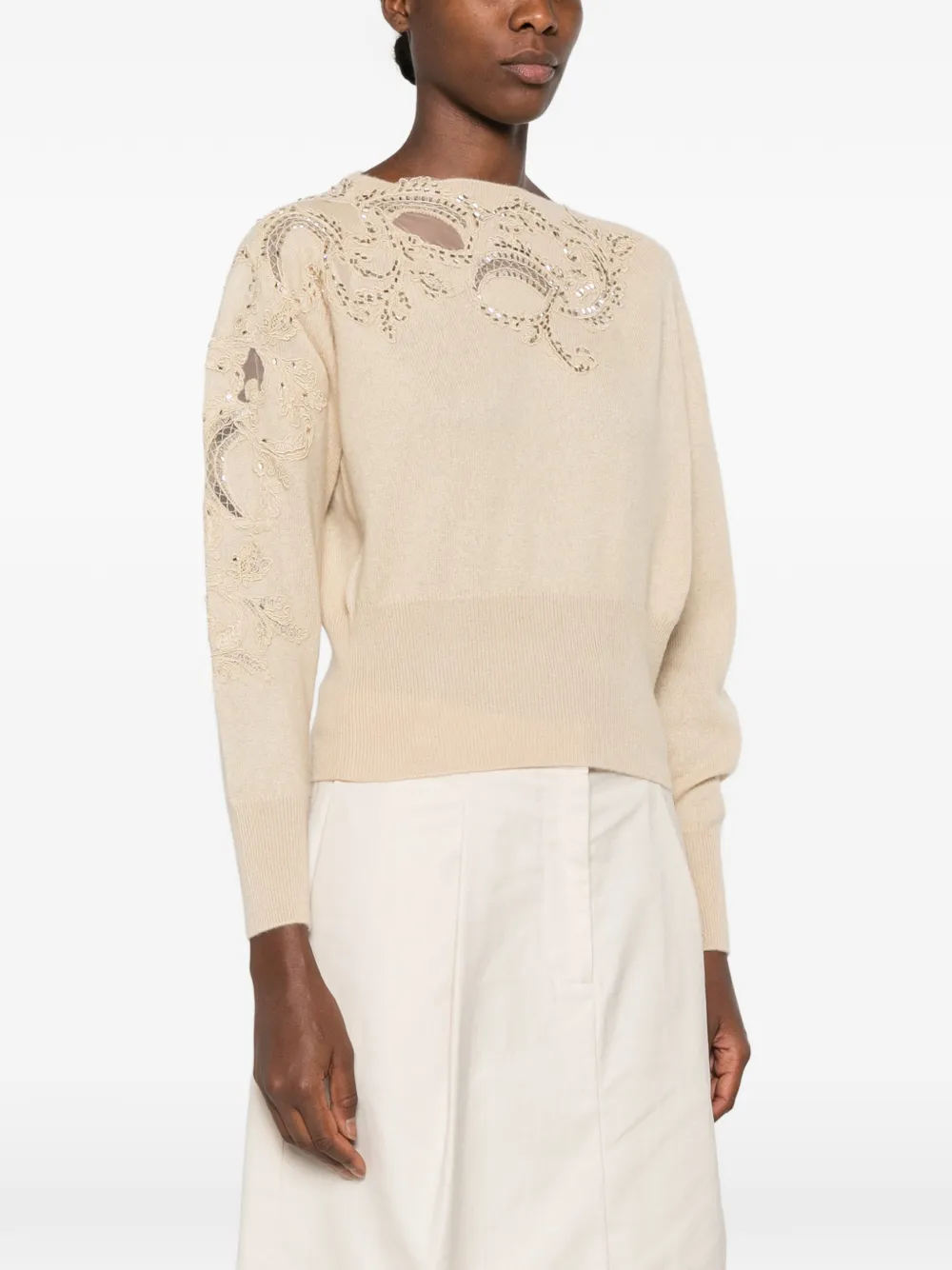 Ermanno Scervino Kasjmier trui verfraaid met pailletten en kant Beige