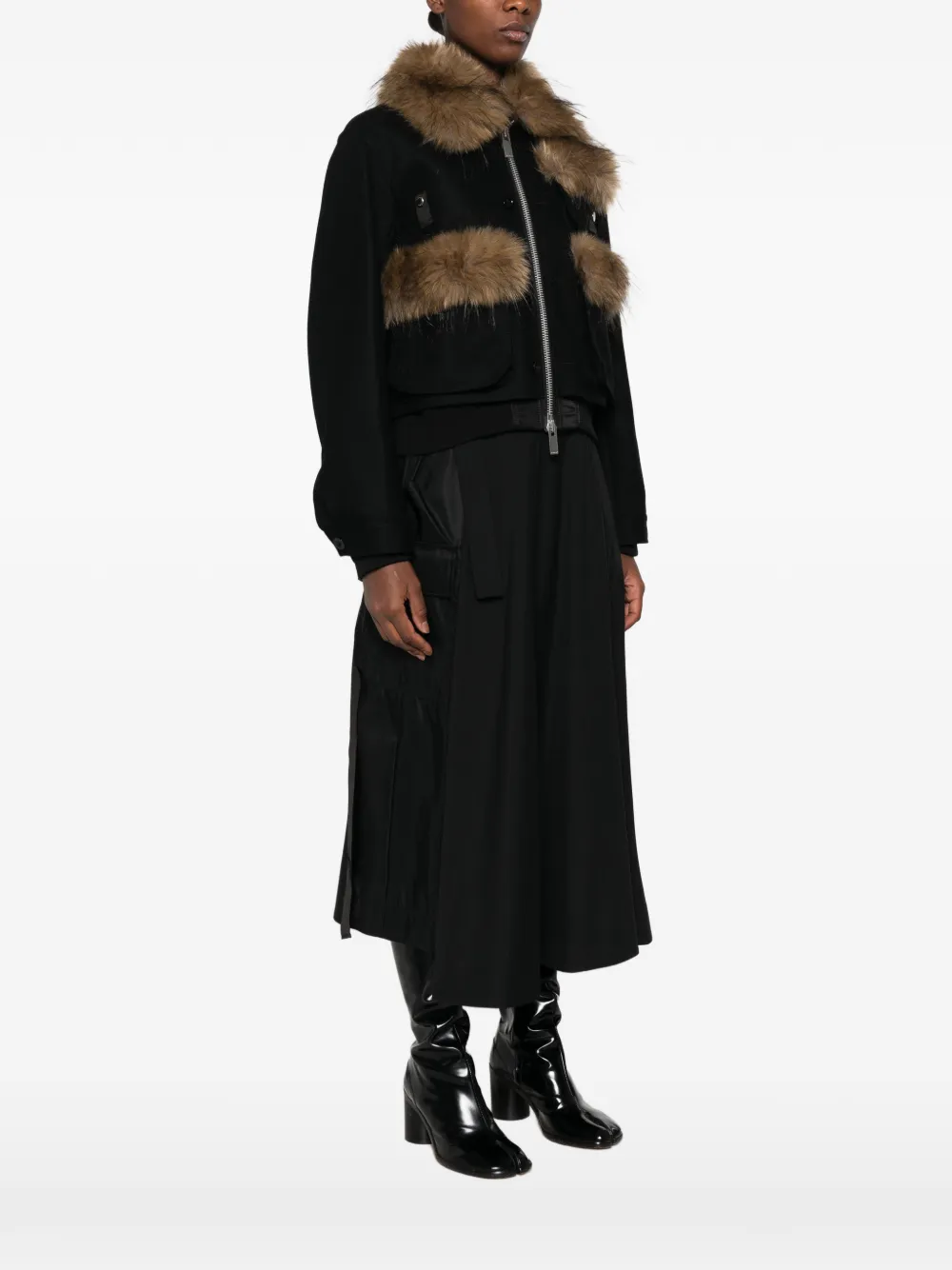 sacai Wollen jack met afwerking van imitatiebont Zwart