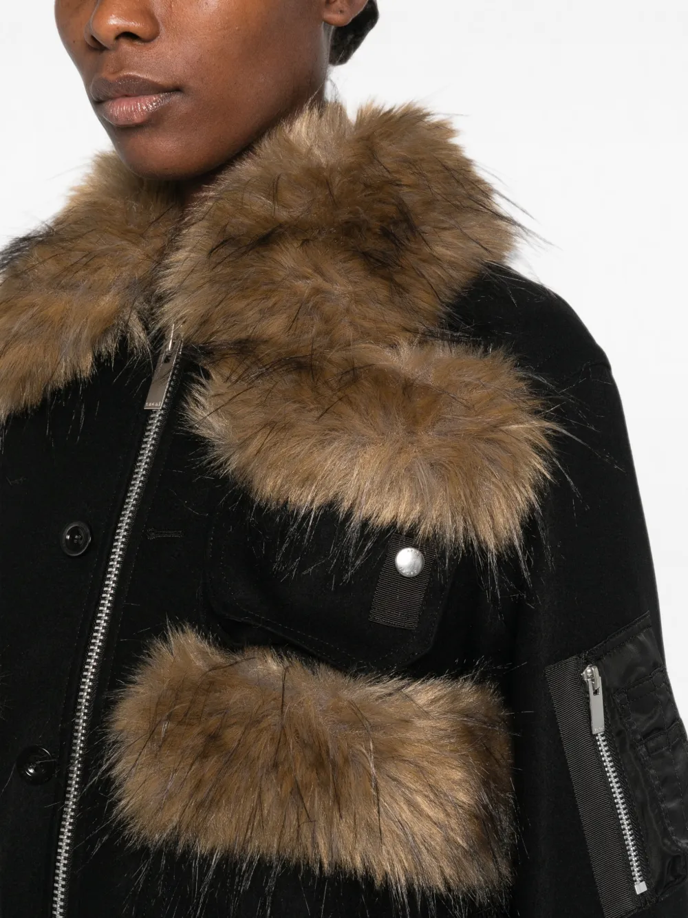 sacai Wollen jack met afwerking van imitatiebont Zwart