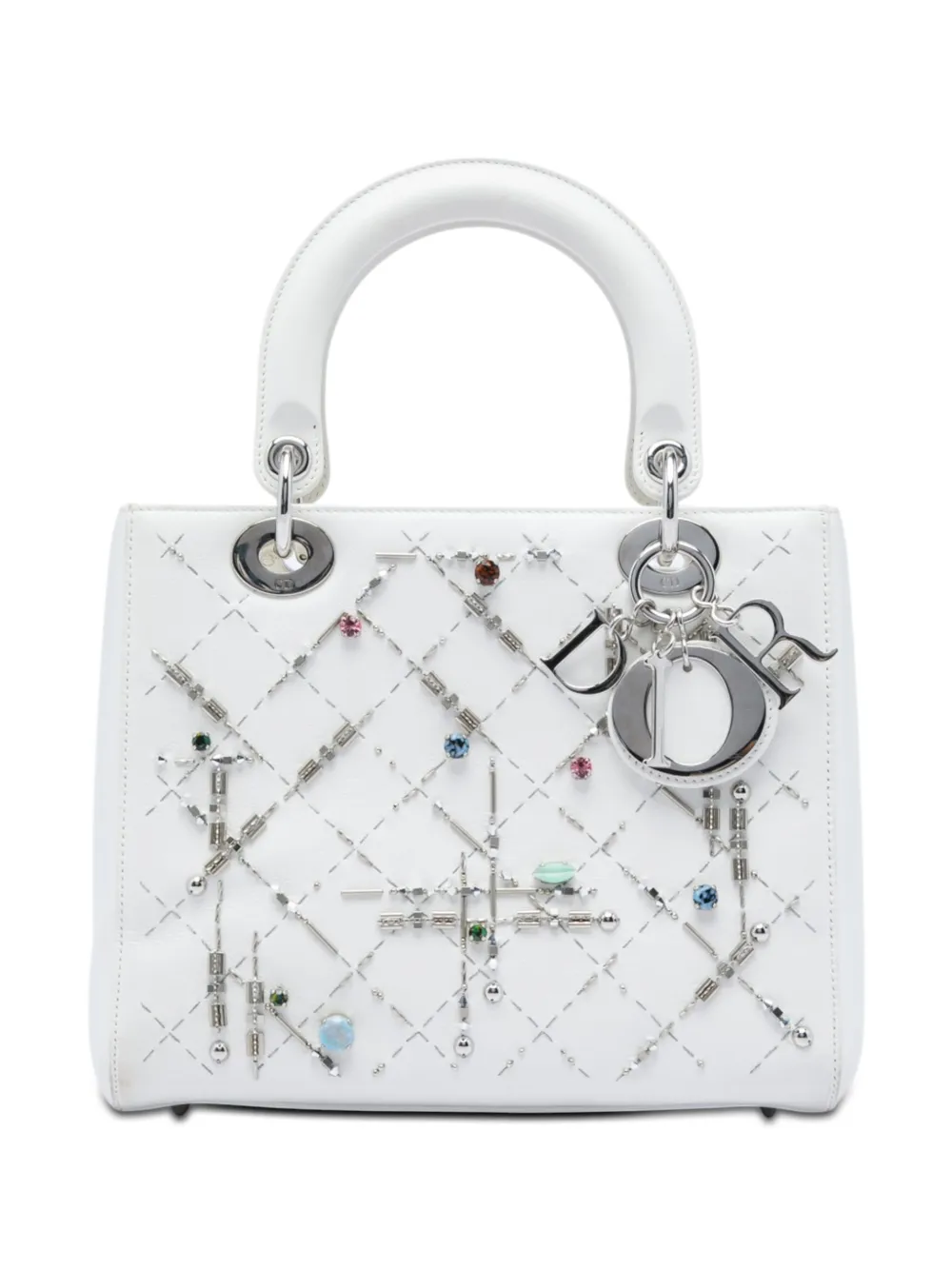 Christian Dior Pre-Owned 2016 mittelgroße Lady Dior Satchel-Tasche mit Strassverzierung - Weiß