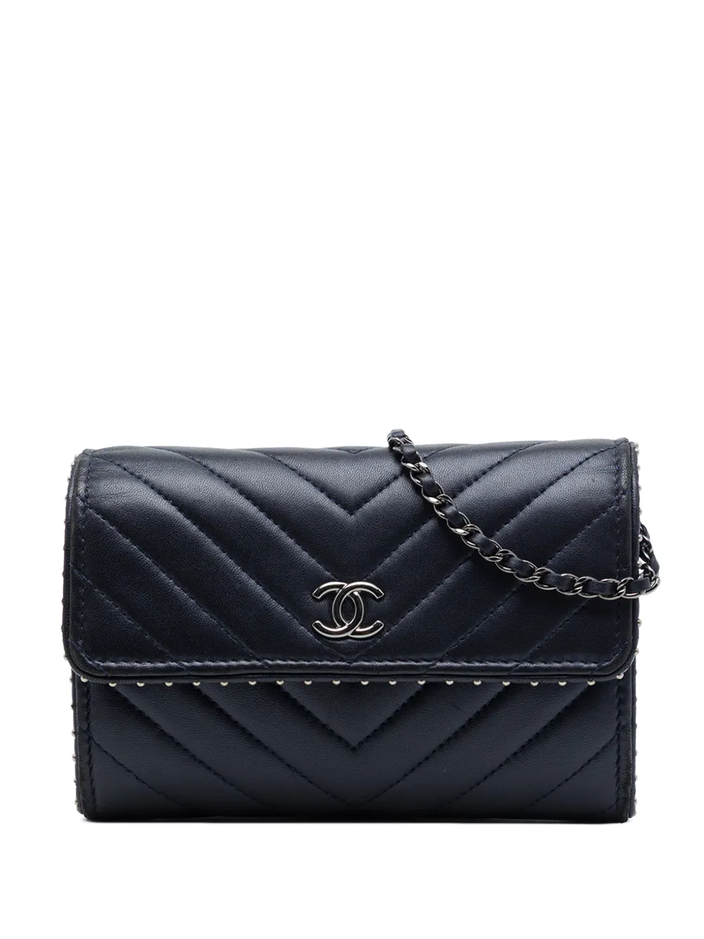 CHANEL Pre-Owned Borsa a tracolla CC in pelle di agnello con borchie, motivo chevron e catena 2018-2019 - Blu