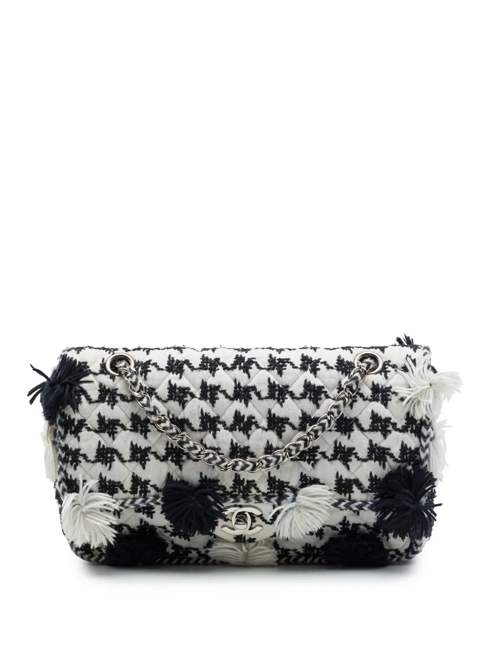 CHANEL Pre-Owned 2014-2015 mittelgroße Classic Pom Pom Flap Schultertasche aus Canvas mit Hahnentrittmuster - Schwarz