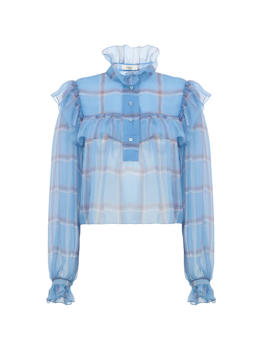 Chloé ruffled top in check silk mousseline - Blau