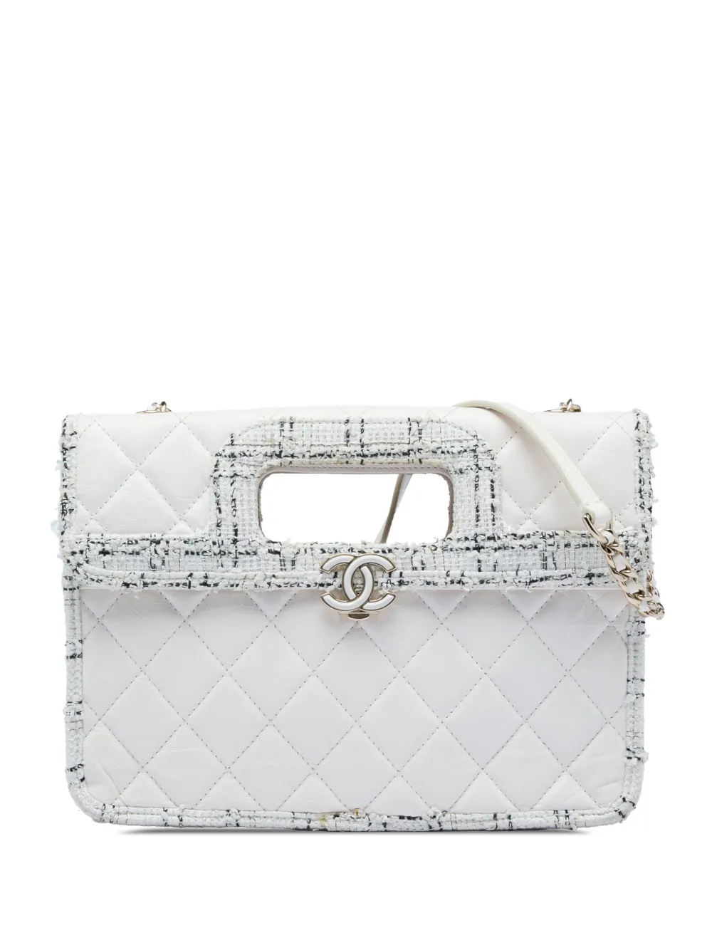 CHANEL Pre-Owned Borsa a tracolla CC in pelle di vitello trapuntata con dettaglio cut-out e finiture in tweed 2019 - Bianco
