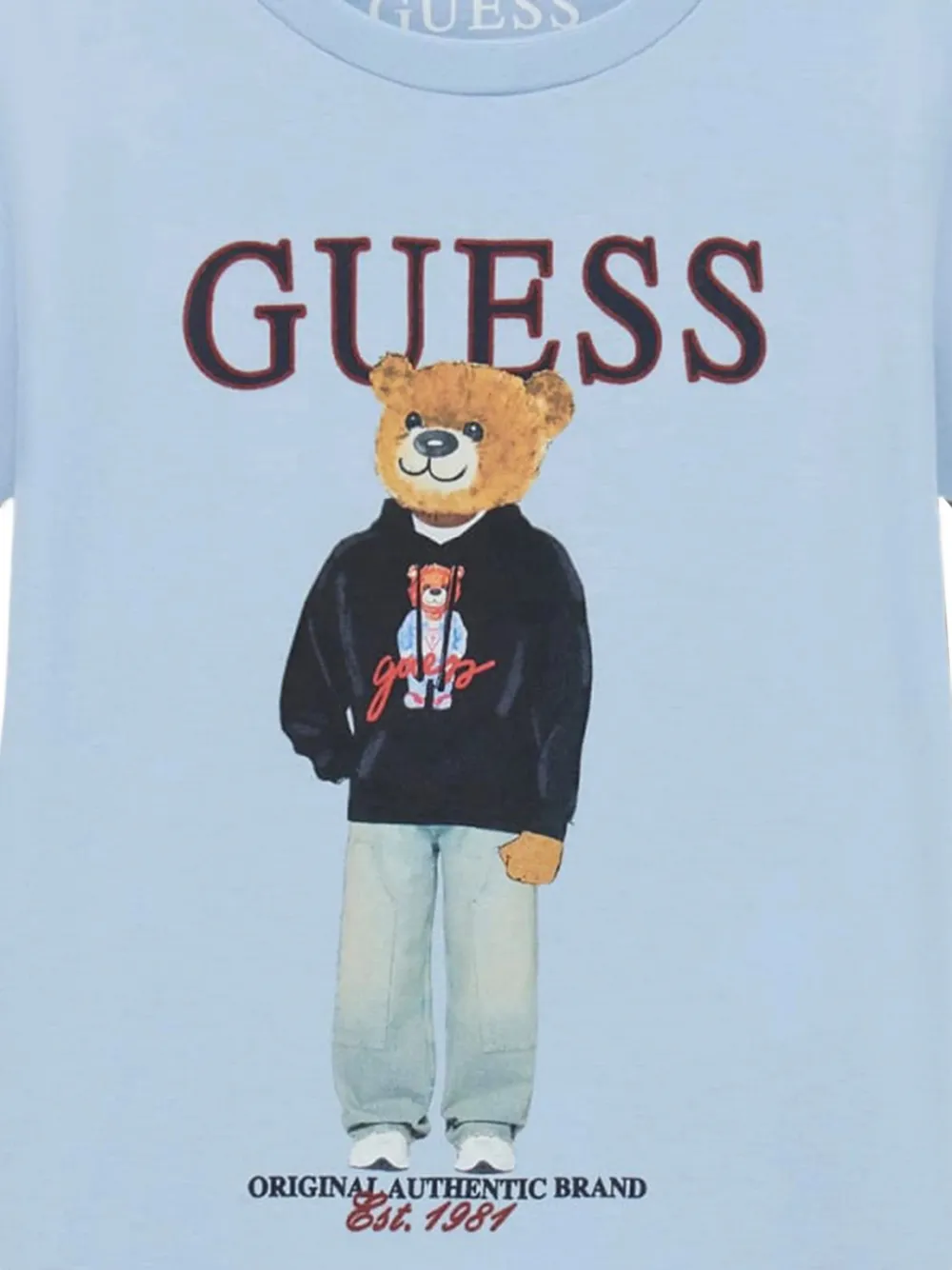 guess kids teddy-bear print logo-print T-shirt Blauw