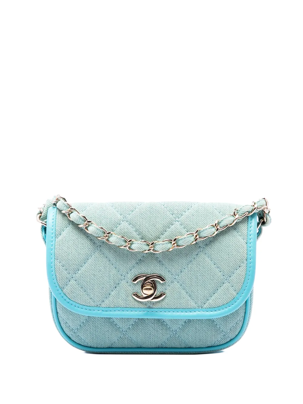 CHANEL Pre-Owned Borsa messenger CC mini in denim trapuntato con battente e tracolla 2021 - Blu