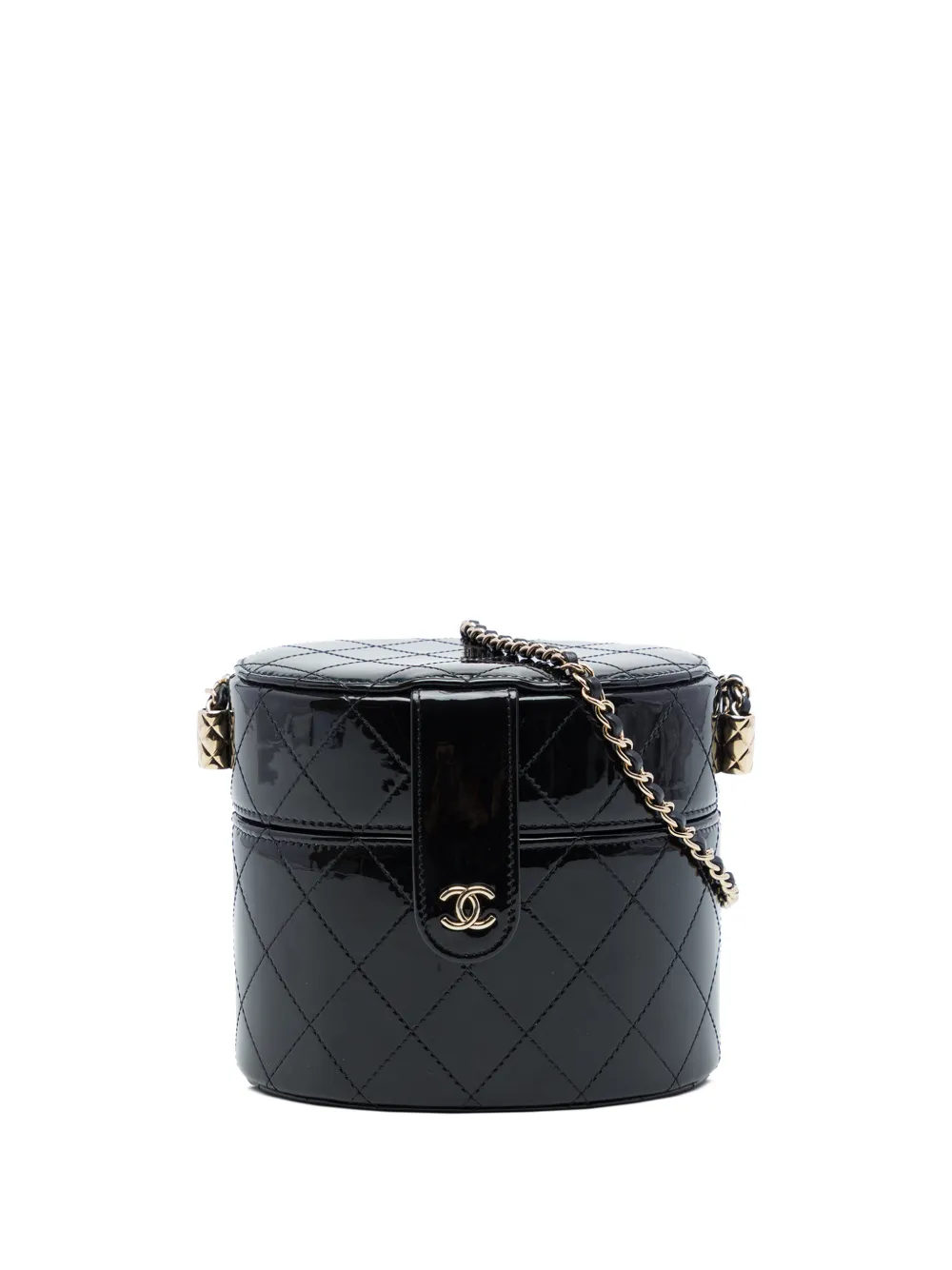 CHANEL Pre-Owned 2020 CC Quilted Patent Round Clutch With Chain vanity bag - Black