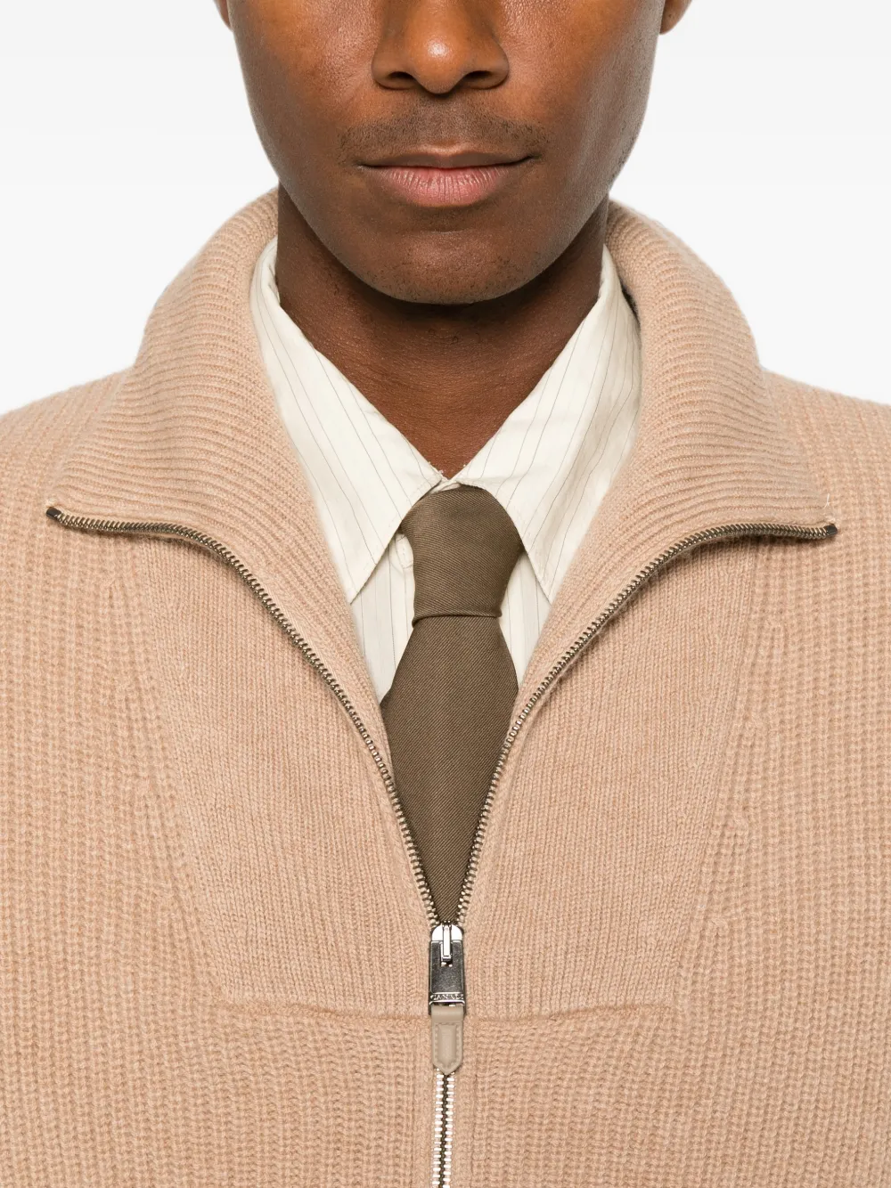 Canali Geribbelde trui met rits Beige