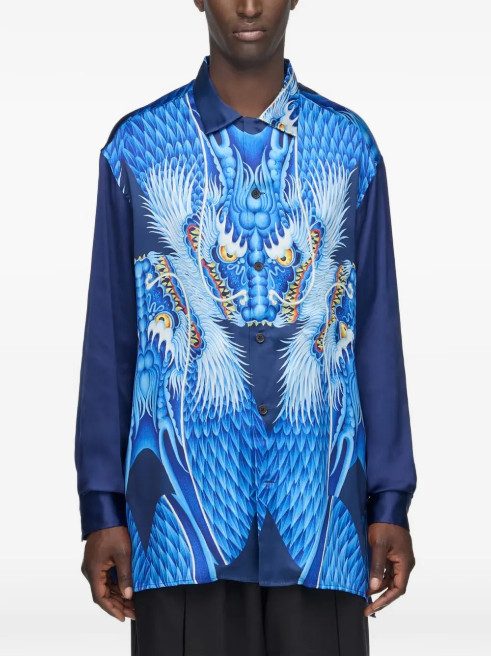 Y-3 satijnen overhemd met grafische print Blauw