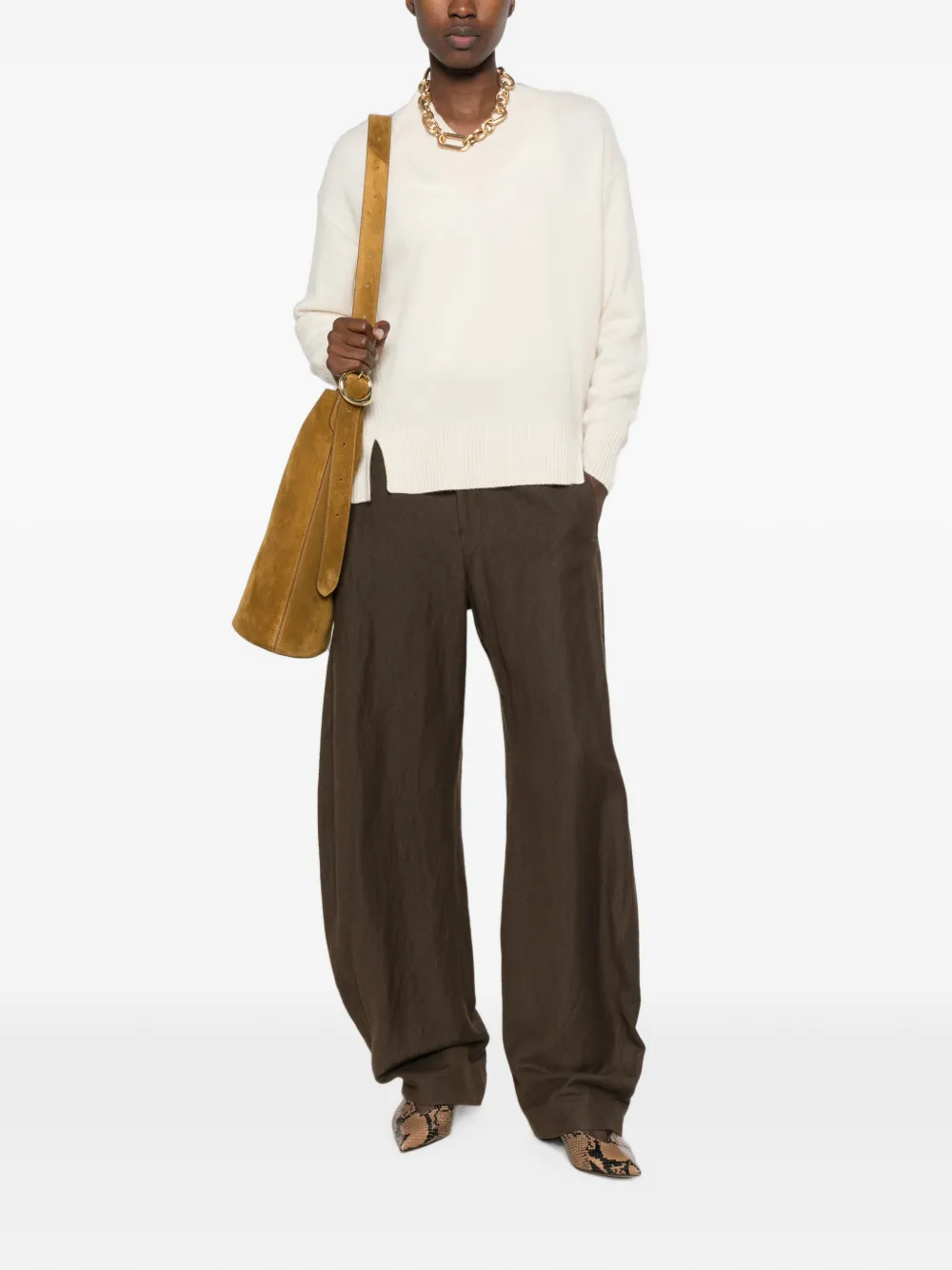 JOSEPH Trui met zijsplit en V-hals Beige