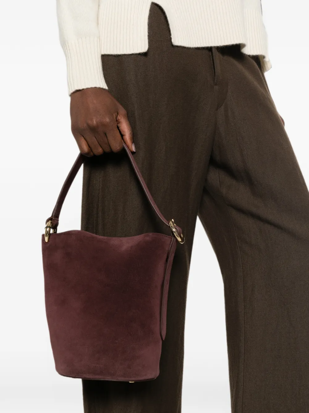 JOSEPH M Fold suède bucket-tas Bruin