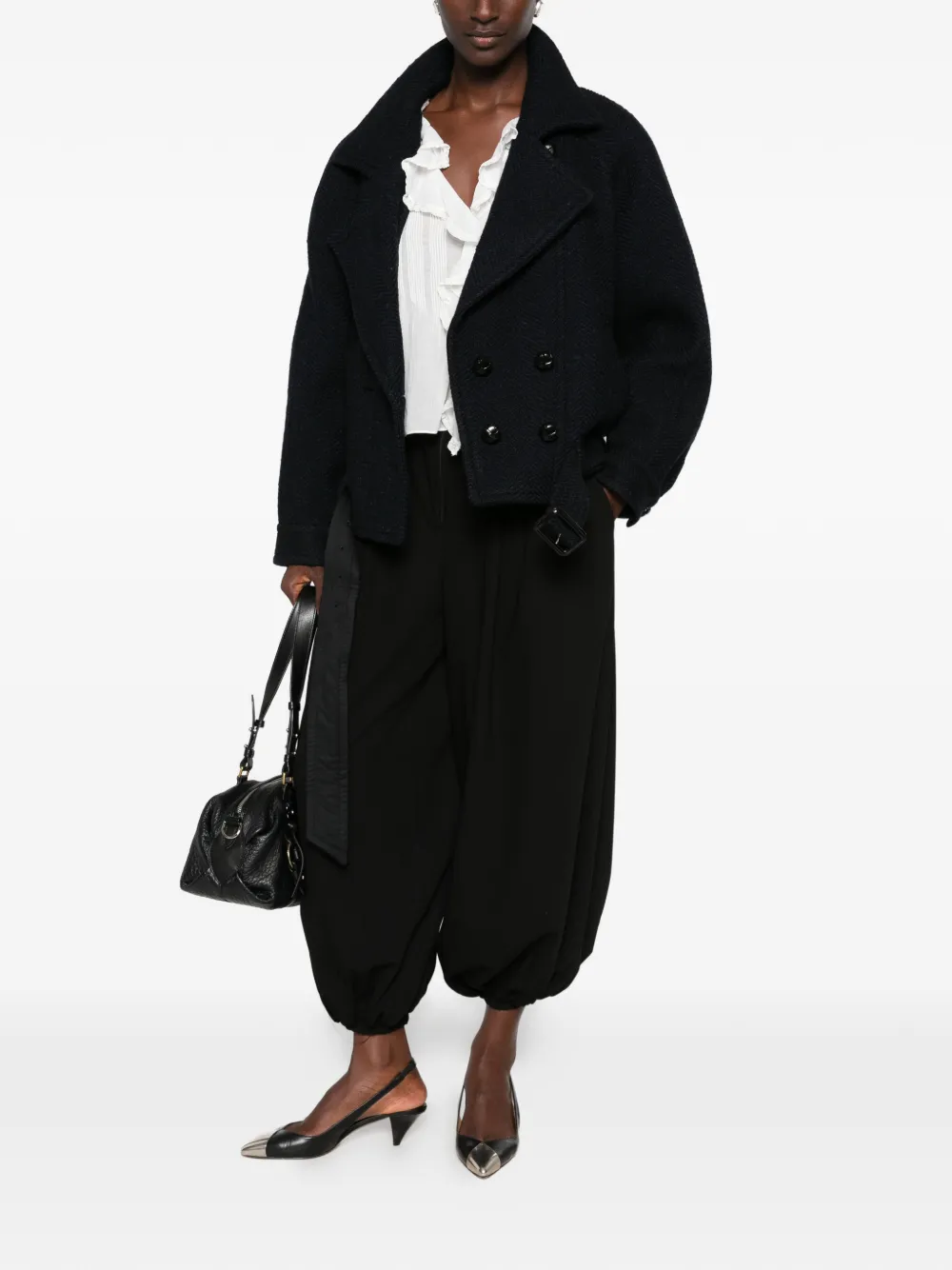 ISABEL MARANT Elvane jas met dubbele rij knopen en geweven visgraatpatroon Blauw