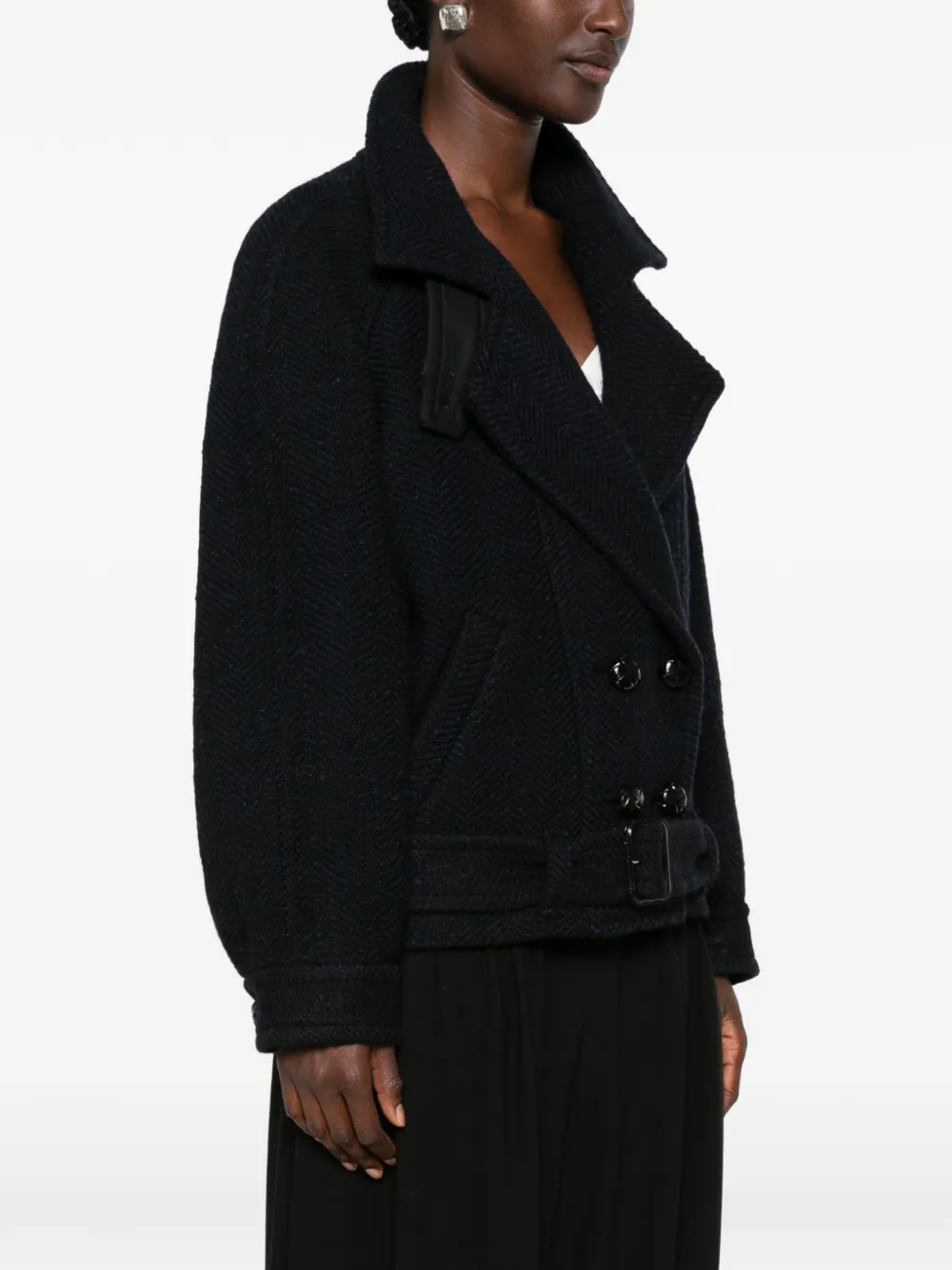 ISABEL MARANT Elvane jas met dubbele rij knopen en geweven visgraatpatroon Blauw