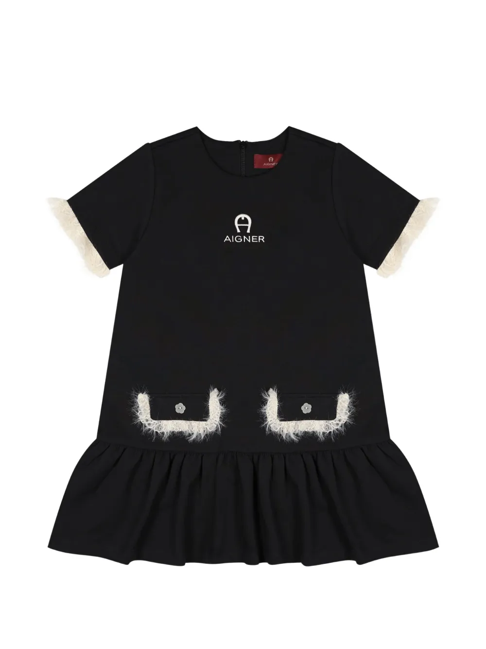 Aigner Kids faux-fur trim ruffled dress Zwart