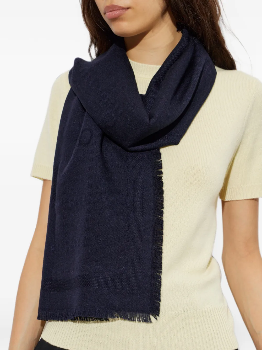 Ferragamo Gancini jacquard fringed scarf Blauw