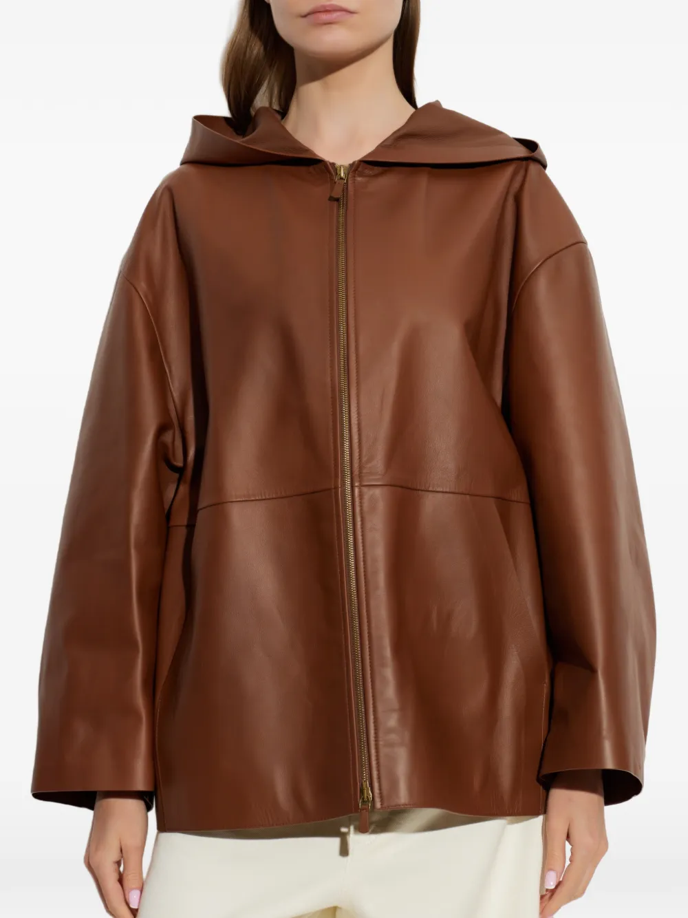 Max Mara Leren jack met capuchon Bruin