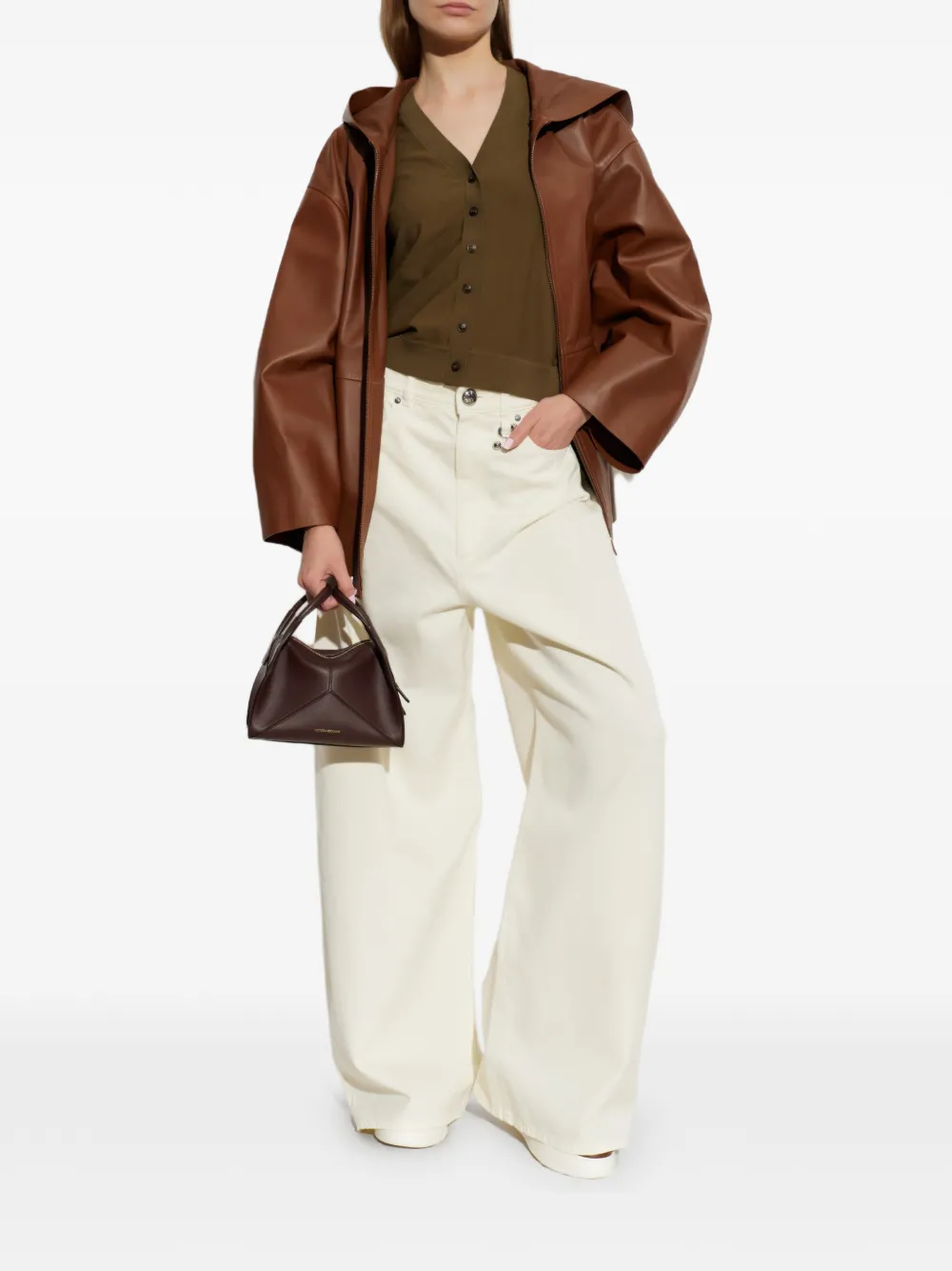 Max Mara Leren jack met capuchon Bruin