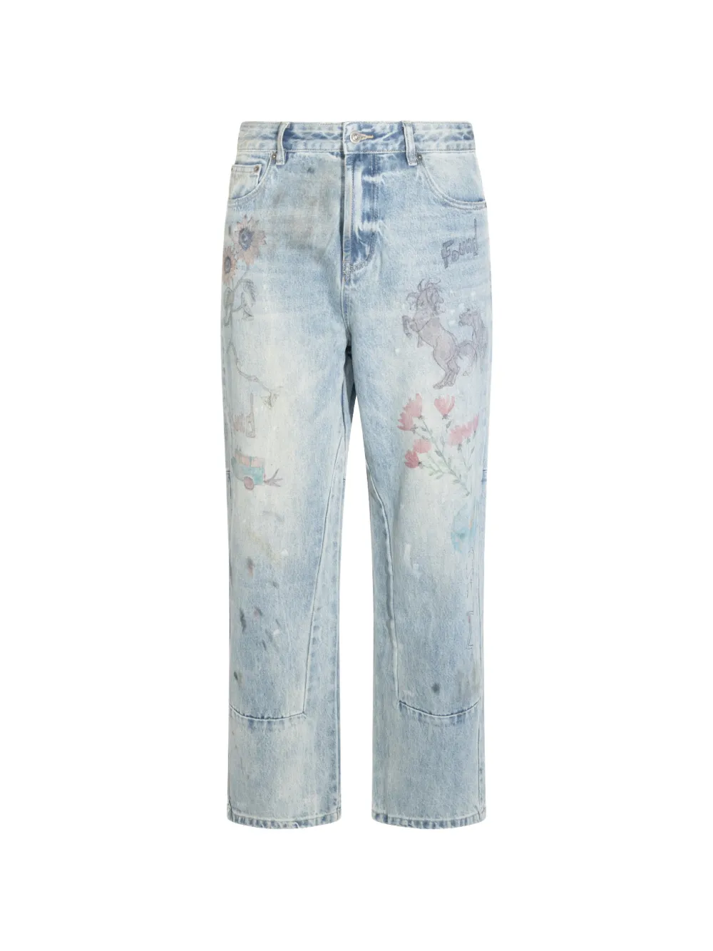 FOUND Hand Art graphic-print panelled jeans - Blu