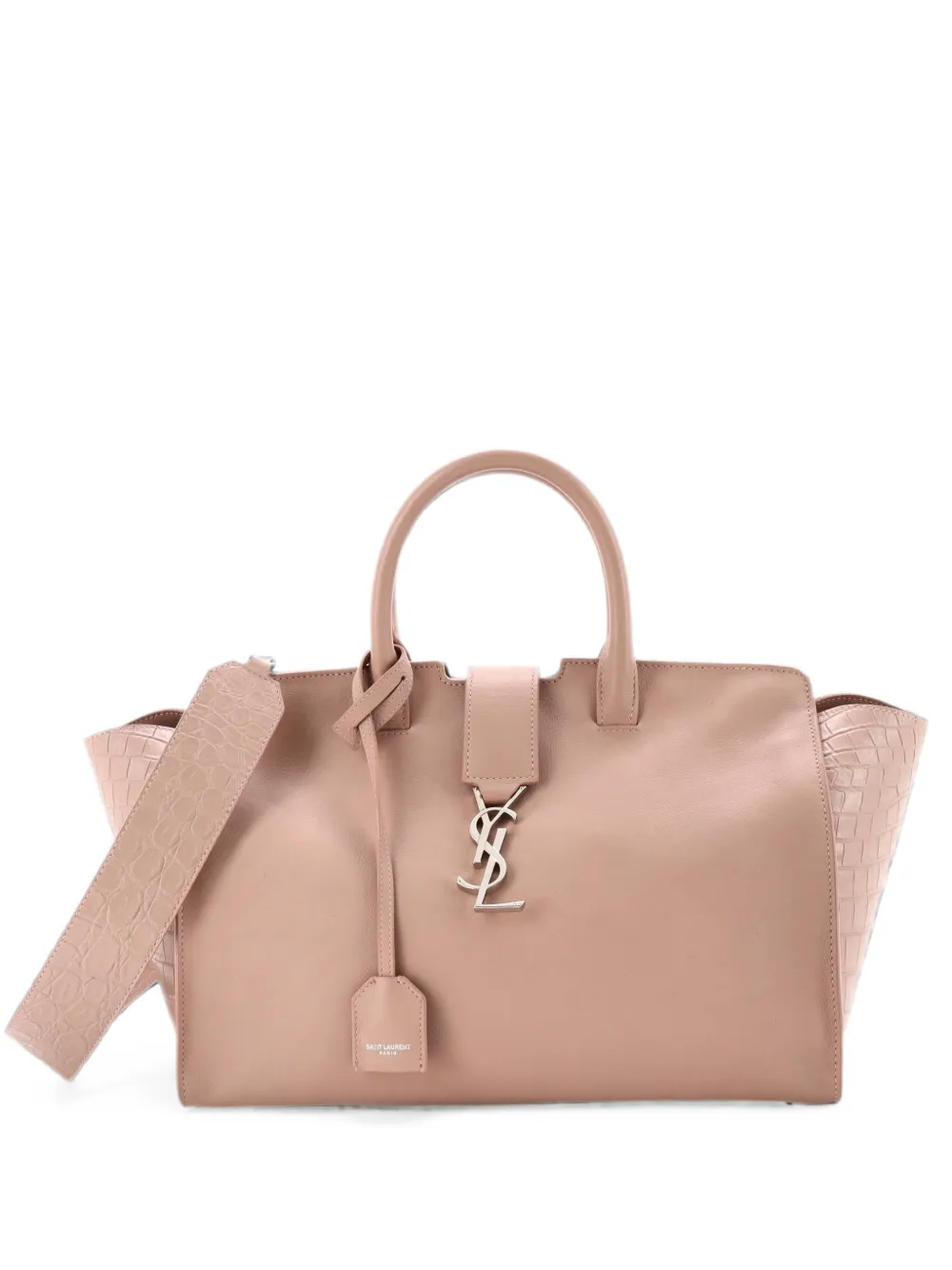 Pre-owned Saint Laurent Monogram Cabas Crocodile Embossed Leather Small Satchel In Pink
