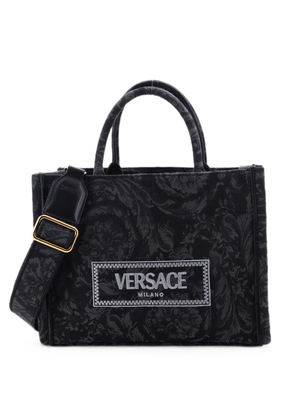 Pre-owned Versace Athena Convertible Barocco Jacquard Small Tote Bag In Black