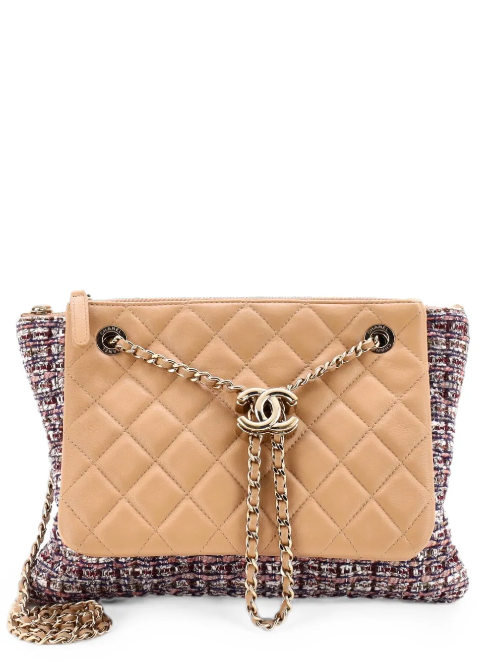 Pre-owned Chanel Double Case With Strap Tweed And Quilted Lambskin Medium Shoulder Bag In Neutrals