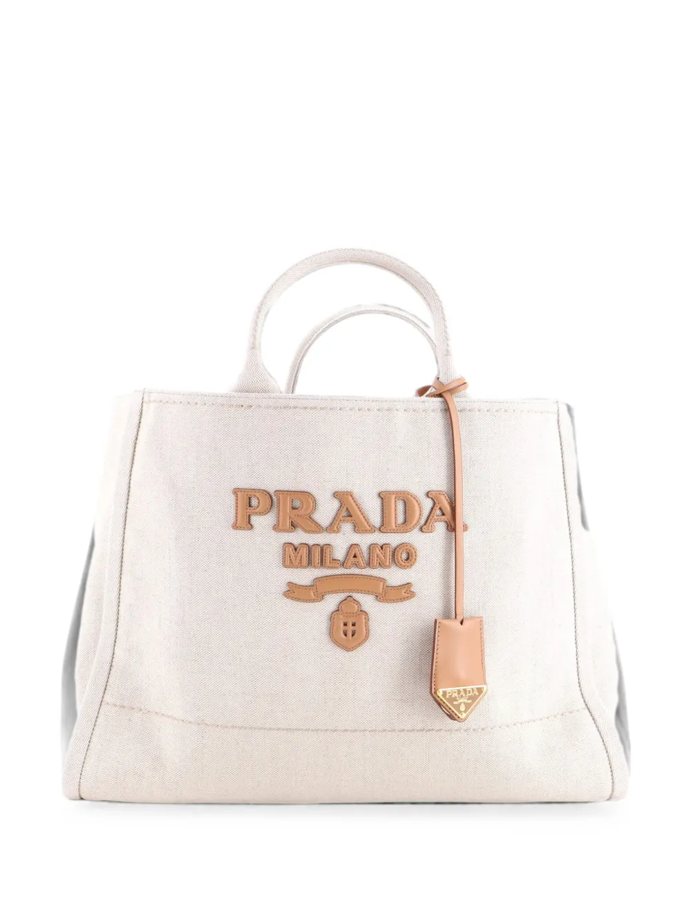 Pre-owned Prada Logo Linen Blend Large Tote Bag In Brown